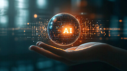 Fototapete - Businessman is holding a digital ai symbol for machine learning and innovation