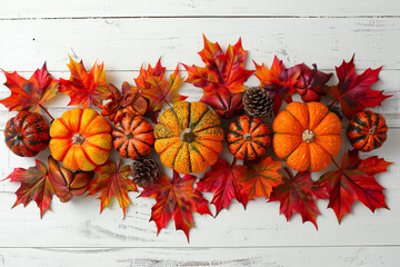 A white background with a lot of orange and yellow leaves and pumpkins.,