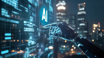 Poster - Robot hand pressing a digital button to activate artificial intelligence against a nighttime cityscape