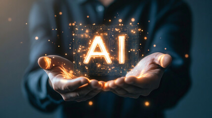 Poster - Businessman showcasing a futuristic hologram of the ai symbol, representing the advancement of technology and artificial intelligence