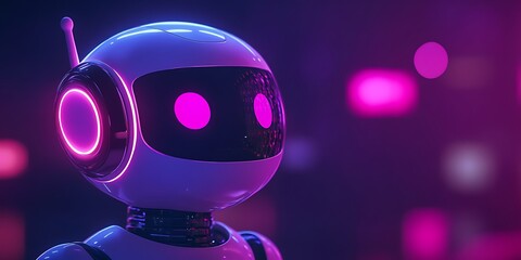 Canvas Print - Close up of futuristic robot with pink glowing eyes in neon light