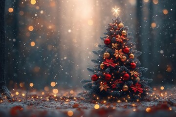 a whimsical christmas tree adorned with shimmering red and gold ornaments surrounded by soft glowing bokeh lights that create a warm festive atmosphere evoking holiday cheer