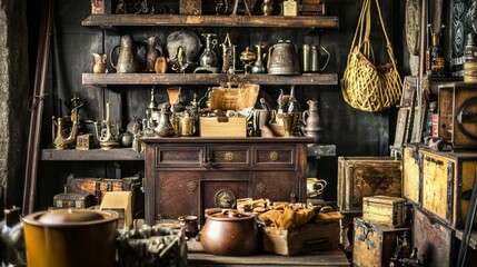 Vintage antique collection in an old wooden cabinet