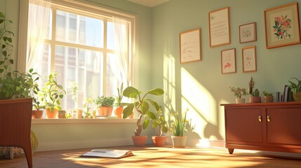 Serene Therapy Room with Dynamic Sunlight and Rich Details