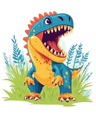 Poster - Cute cartoon dinosaur roaring in a green field. Funny dinosaur illustration for kids.