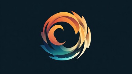 Abstract circular logo with gradient colors on dark blue background