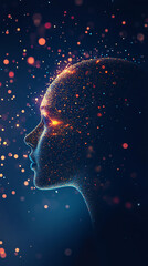Poster - Human face profile made of glowing particles looking up on a dark blue background