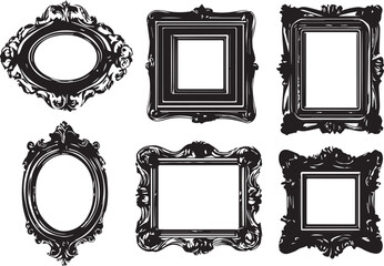 Hand drawn vector abstract outline,graphic,line art vintage baroque ornament floral frames set in minimalistic modern style.Baroque floral vintage outline design concept.Vector antique frame isolated.