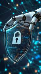 Poster - Cybersecurity symbol: robot hand holding shield with lock on digital backdrop