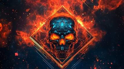 Sticker - Digital art of a skull with glowing eyes in a fiery diamond frame