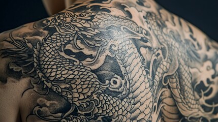  Black and Grey Japanese Dragon Tattoo on Back
