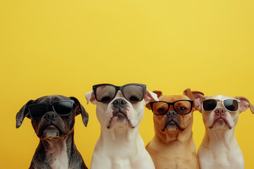 Creative animal concept. Group of dog friends in sunglass shade glasses isolated on solid background, commercial, editorial advertisement, copy text space