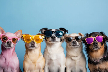 Wall Mural - Creative animal concept. Group of dog friends in sunglass shade glasses isolated on solid background, commercial, editorial advertisement, copy text space