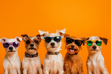 Creative animal concept. Group of dog friends in sunglass shade glasses isolated on solid background, commercial, editorial advertisement, copy text space