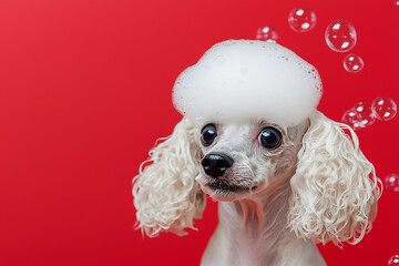 Wall Mural - Creative animal template. Funny cute drench wet white poodle dog puppy with head full of with overflow soapsuds soap and floating bubbles on red background