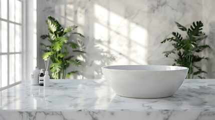 Bathroom interior with white bathtuble countertop