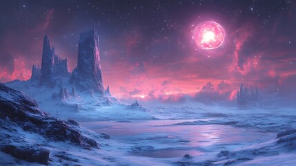 Canvas Print - Pink glowing moon over a futuristic alien landscape with snow and ice