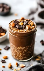 overnight oats in a glass jar, highlighting the rich textures of peanut butter and chocolate, with a