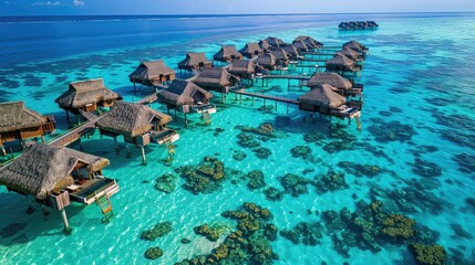 Canvas Print - A panoramic view of over water bungalows nestled in a turquoise lagoon, surrounded by clear blue water and a tropical island setting.