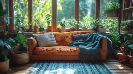 Sticker - Cozy living room with plants, sofa, rug and large windows, home interior design