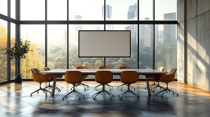 Canvas Print - Empty modern office conference room with large windows, city view and blank screen for presentation