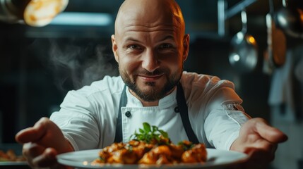 A skilled bald master chef presents a beautifully cooked dish in a bustling restaurant kitchen during a late evening service