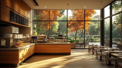 Wall Mural - Modern cafe interior with large window overlooking autumn trees. Concept of cozy cafe, breakfast, coffee, and relaxation