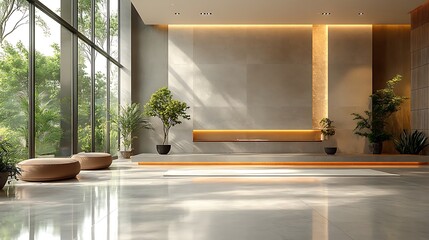 Wall Mural - Modern minimalist lobby interior design with large windows, wooden accents, and potted plants