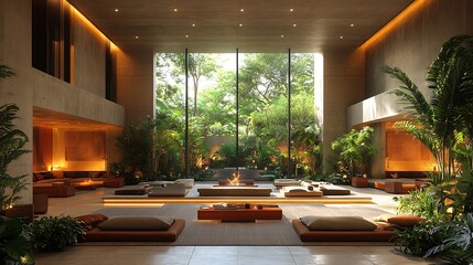 Poster - Modern living room interior with large windows overlooking lush green garden. Featuring minimalist furniture and fireplace for a relaxing, zen like ambiance.