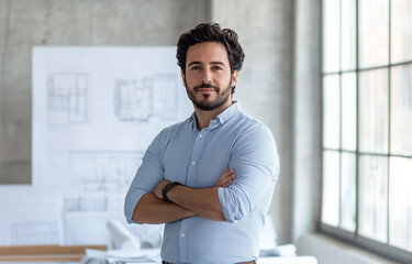 A confident male architect stands in front of blueprints and architectural drawings.