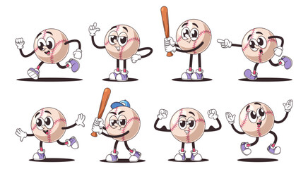 Wall Mural - set cartoon retro baseball ball characters displaying various fun and energetic poses, different mov