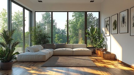 Poster - Minimalist Living Room with Large Windows, Sunlight and Greenery