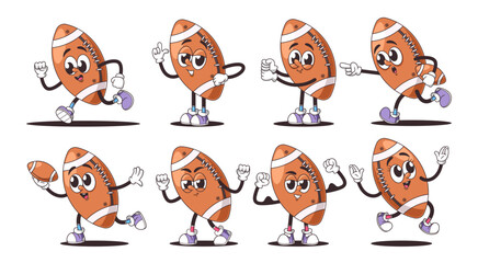 Wall Mural - set of cartoon retro football ball characters showcasing different emotions and poses with animated 