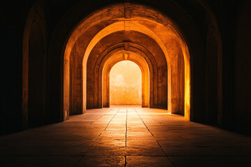a grand arched corridor glows with golden sunlight streaming through creating a dramatic and warm at