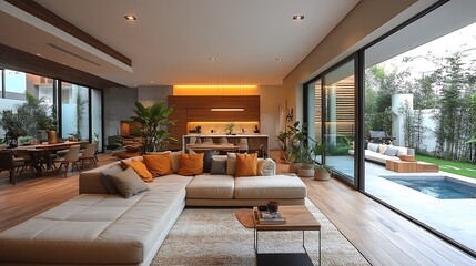 Canvas Print - Modern living room interior design with large sliding glass doors leading to backyard with pool and patio