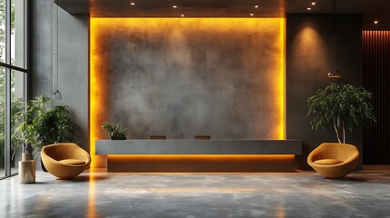 Canvas Print - Modern Reception Area Interior Design with Exposed Concrete Wall and Yellow LED Lighting