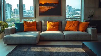 Canvas Print - Modern grey sectional sofa with orange pillows in contemporary living room interior