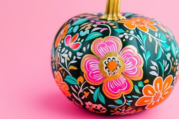 dark green pumpkin intricately hand painted with vibrant Mexican folk floral designs in bold colors like pink, orange, and teal