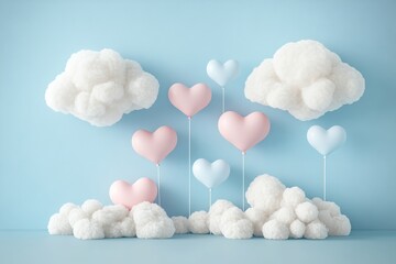 In front of fluffy clouds, pink and blue heart balloons float