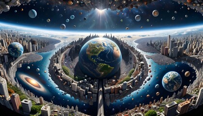 Wall Mural - Multiverse Cityscapes and Cosmic Worlds