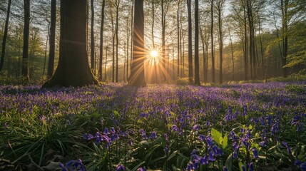 The sun is just coming up, shining on a field of bluebells in the Hallerbos forest. It's a beautiful early spring morning.