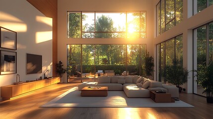 Poster - Modern living room interior design with large windows and sun rays