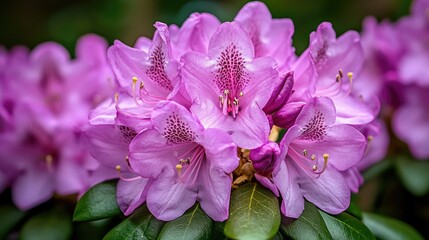 Wall Mural - A close-up view of a cluster of pink rhododendron flowers, with dark green leaves in the background.