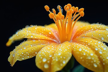 A close up of a yellow flower with droplets of water on it