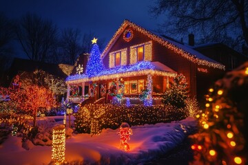 Wall Mural - A beautifully decorated house glowing with colorful Christmas lights during a snowy evening in a festive neighborhood