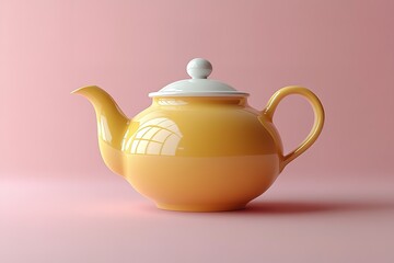 A yellow tea pot sits on a pink background