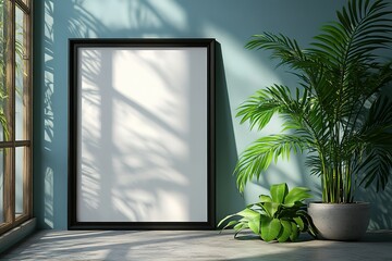 Wall Mural - A black framed white picture sits in a room with a green plant