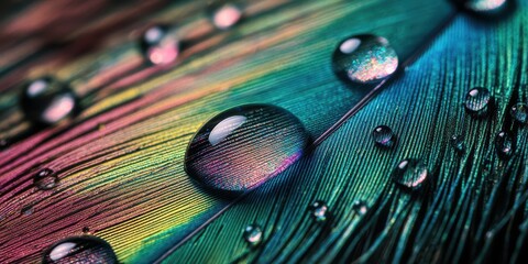 Colorful Peacock Feather with Water Droplets Close-Up