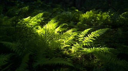 A close-up of vibrant green ferns growing on the forest floor, illuminated by soft morning light, showcasing the beauty of nature