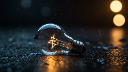 Light bulb surrounded by water droplets, glowing softly in a rainy scene.